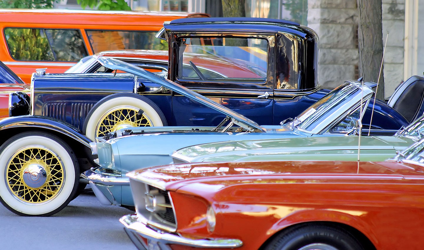 vintage cars lined up